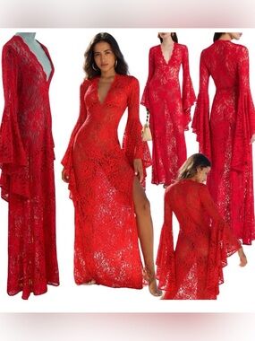Red Long Sleeve Lace Maxi Dress - Elegant V-Neck